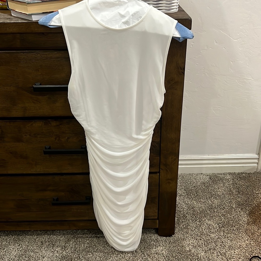 white high neck ruched mini dress size large sheer and comfy never worn